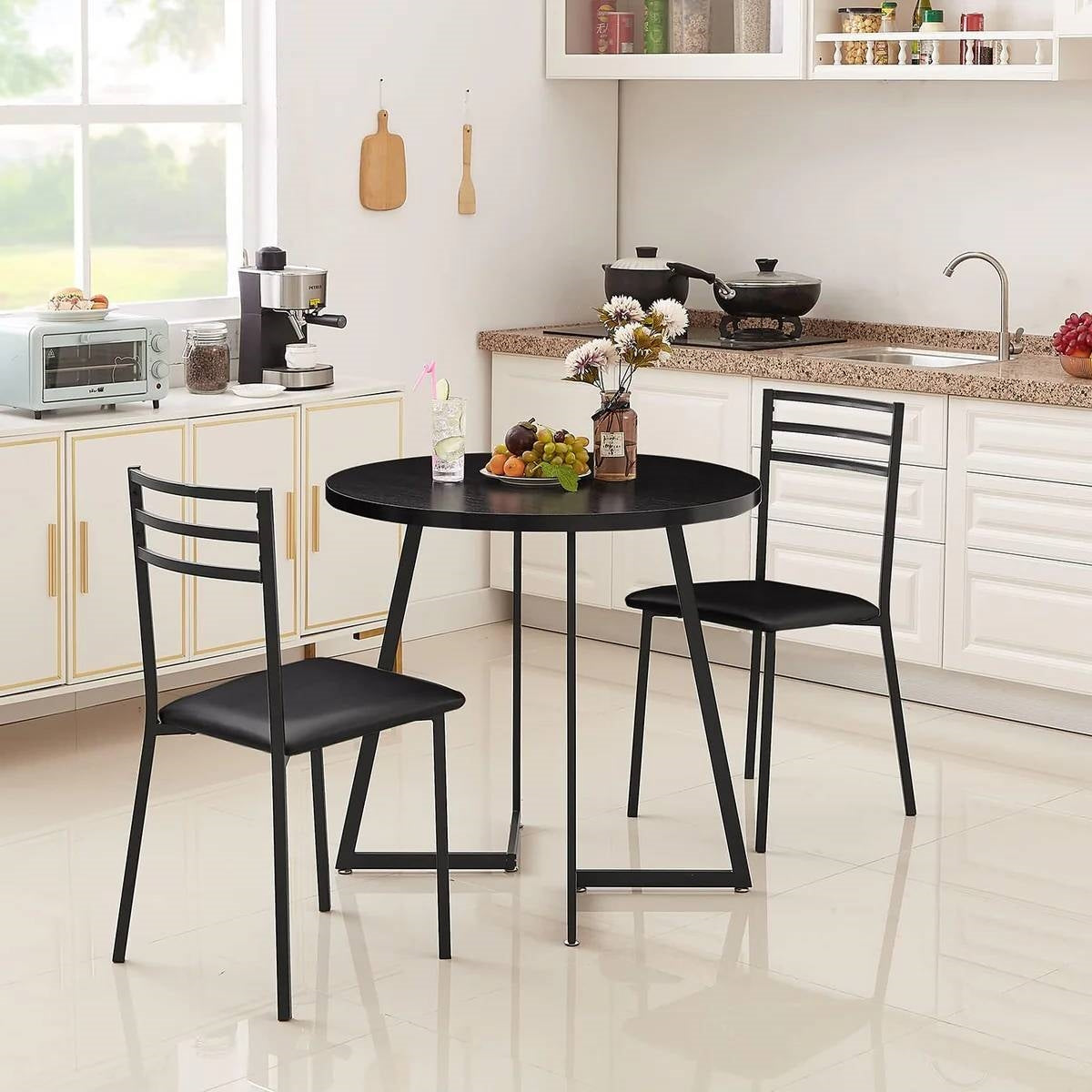 Modern 3-Piece Kitchen Dining Set with Round Black Wood-Top Table and 2 Chairs