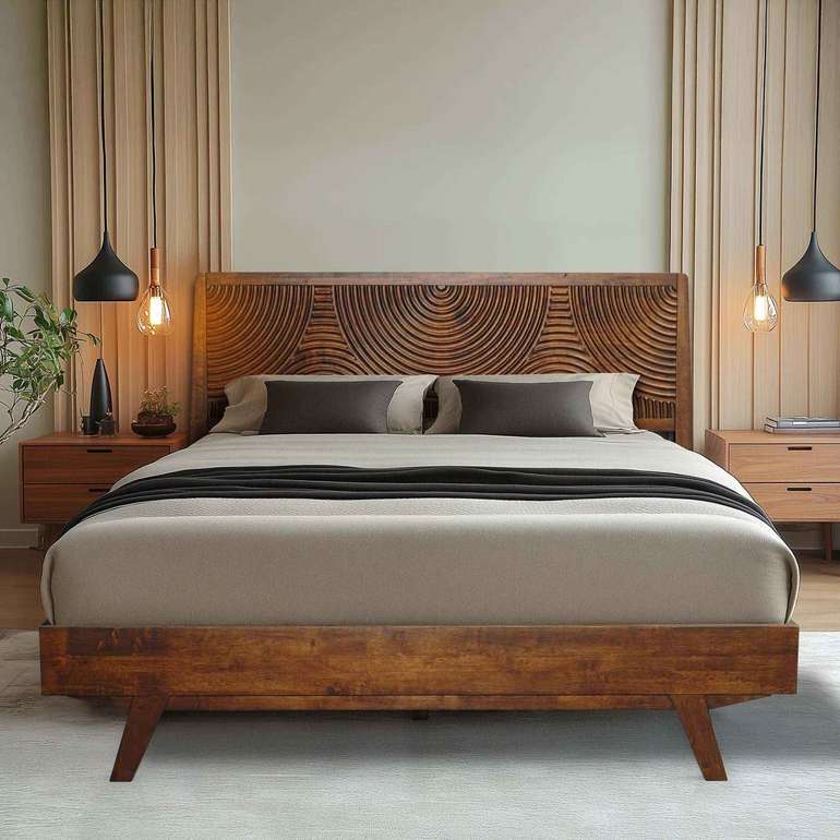 Acacia Harmony Solid Wood Platform Bed Frame with Headboard